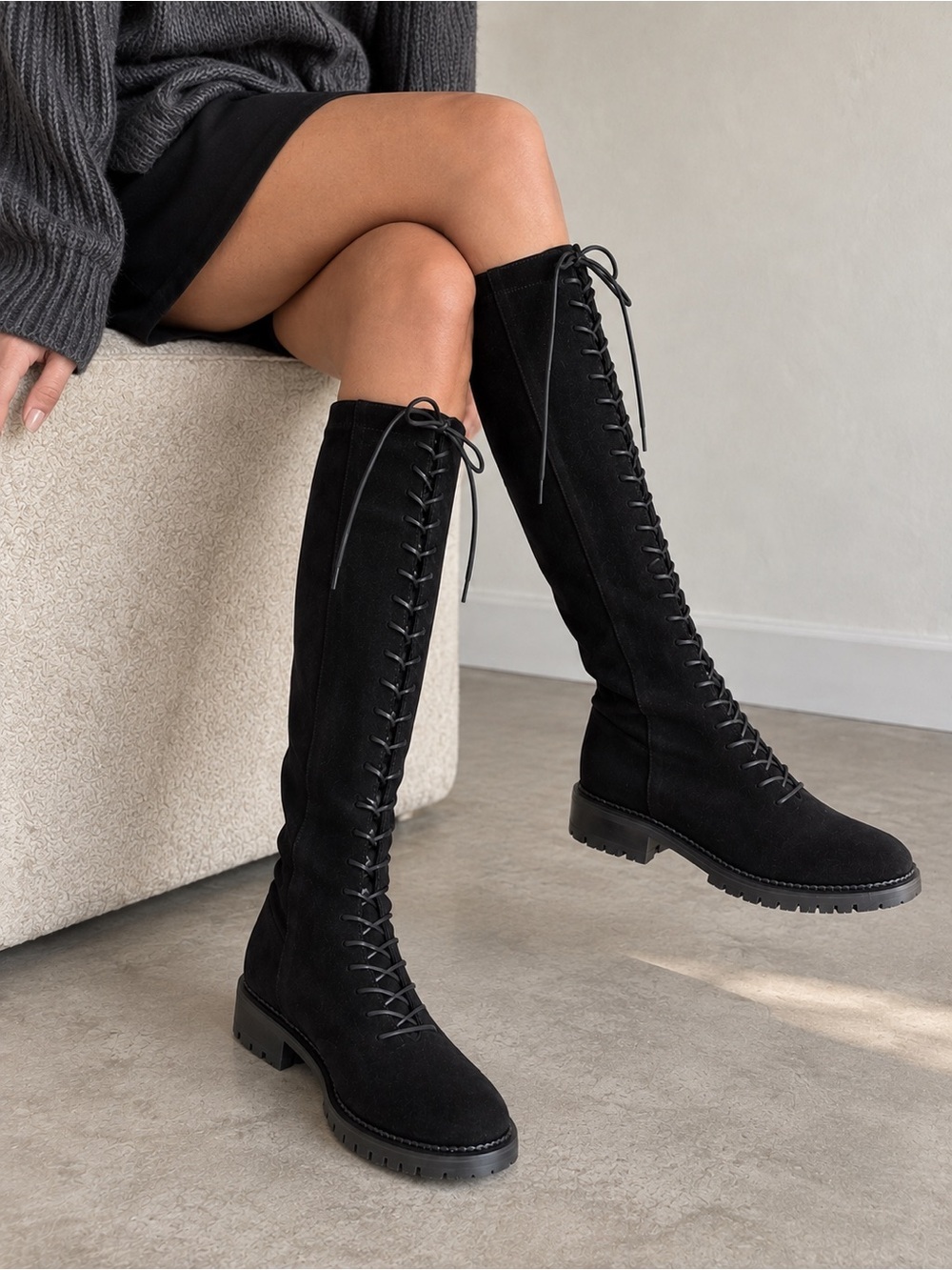 TUCKERNUCK Black Suede Lace-Up Knee-High Boots